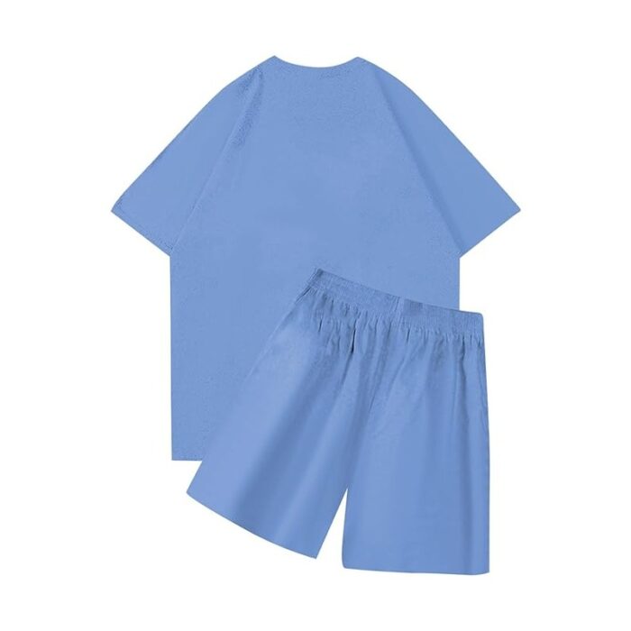 Sky blue nofs shorts set back view styling