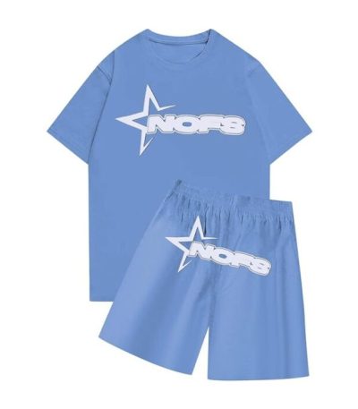 Sky blue nofs shorts set front view styling