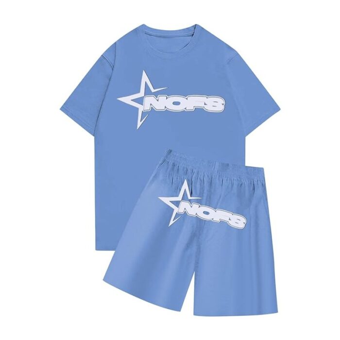 Sky blue nofs shorts set front view styling