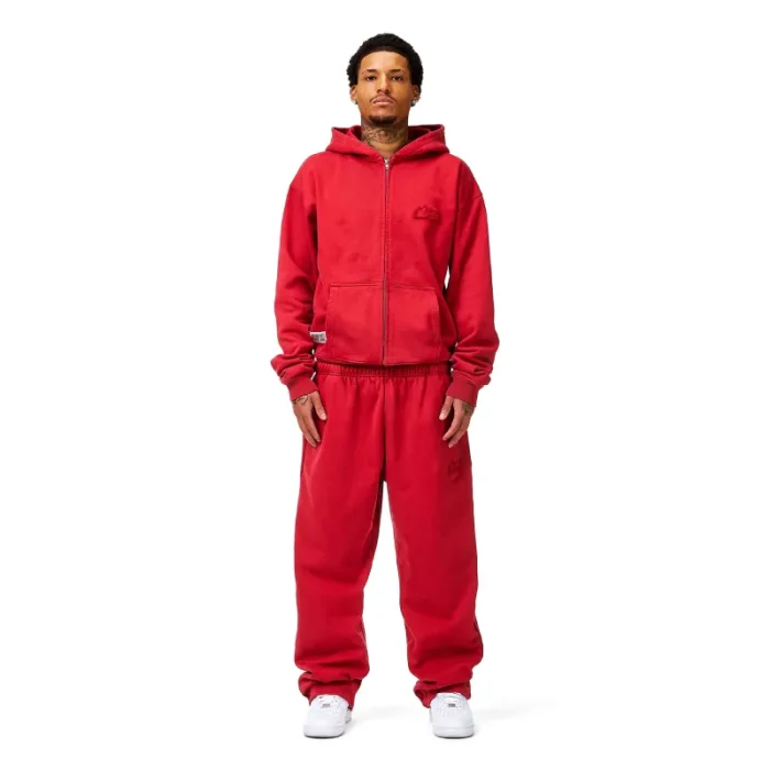 Person wearing red nofs joggers urban style